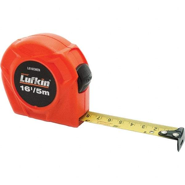 Lufkin - 16' x 3/4" Yellow Steel Blade Tape Measure - 1/100' Graduation, Inch/Metric Graduation Style, Orange ABS Plastic Case - All Tool & Supply