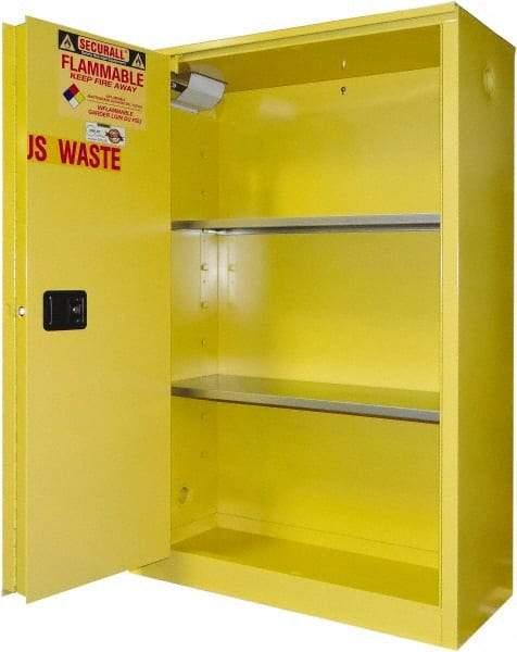 Securall Cabinets - 2 Door, 2 Shelf, Yellow Steel Standard Safety Cabinet for Flammable and Combustible Liquids - 65" High x 43" Wide x 18" Deep, Sliding Door, 3 Point Key Lock, 45 Gal Capacity - All Tool & Supply