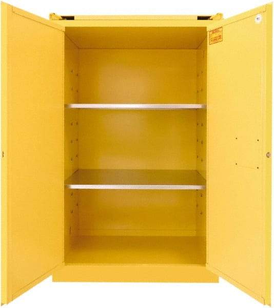 Securall Cabinets - 2 Door, 2 Shelf, Yellow Steel Standard Safety Cabinet for Flammable and Combustible Liquids - 67" High x 43" Wide x 31" Deep, Self Closing Door, 3 Point Key Lock, 90 Gal Capacity - All Tool & Supply