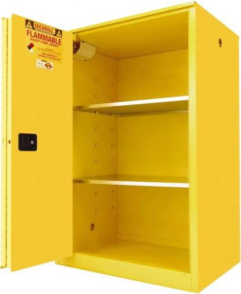 Securall Cabinets - 2 Door, 2 Shelf, Yellow Steel Standard Safety Cabinet for Flammable and Combustible Liquids - 65" High x 43" Wide x 31" Deep, Sliding Door, 3 Point Key Lock, 90 Gal Capacity - All Tool & Supply