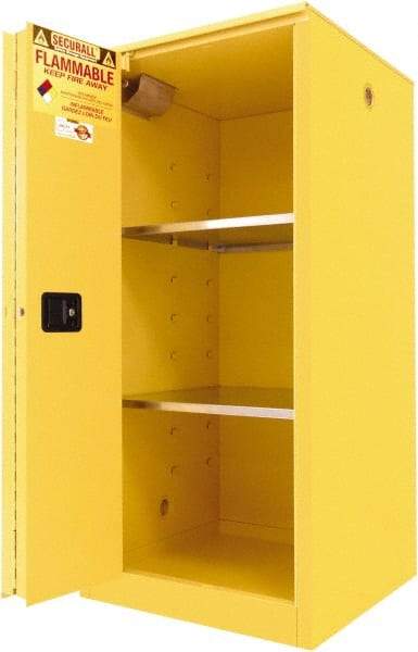 Securall Cabinets - 2 Door, 2 Shelf, Yellow Steel Standard Safety Cabinet for Flammable and Combustible Liquids - 65" High x 31" Wide x 31" Deep, Sliding Door, 3 Point Key Lock, 60 Gal Capacity - All Tool & Supply