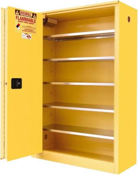 Securall Cabinets - 2 Door, 5 Shelf, Yellow Steel Standard Safety Cabinet for Flammable and Combustible Liquids - 65" High x 43" Wide x 18" Deep, Sliding Door, 3 Point Key Lock, 60 Gal Capacity - All Tool & Supply