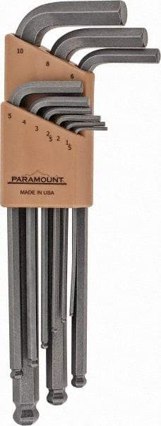 Paramount - 9 Piece L-Key Ball End Hex Key Set - Hex Range 1.5 to 10mm, 7-1/4" OAL, Steel - All Tool & Supply