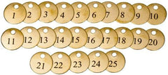 Value Collection - 1-1/2" High x 1-1/2" Long, 1 to 25, English Safety & Facility Numbered Tag - 1 Side, Brass - All Tool & Supply