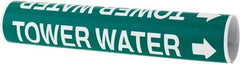 Made in USA - Pipe Marker with Tower Water Legend and Arrow Graphic - 1-1/8 to 2-3/8" Pipe Outside Diam, White on Green - All Tool & Supply