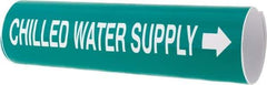 Made in USA - Pipe Marker with Chilled Water Supply Legend and Arrow Graphic - 3-3/8 to 4-1/2" Pipe Outside Diam, White on Green - All Tool & Supply