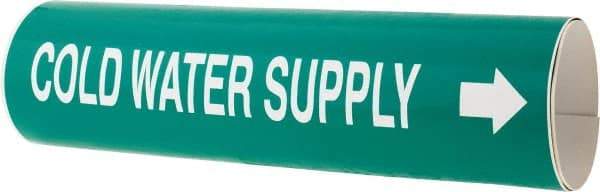 Made in USA - Pipe Marker with Cold Water Supply Legend and Arrow Graphic - 4-5/8 to 5-7/8" Pipe Outside Diam, White on Green - All Tool & Supply
