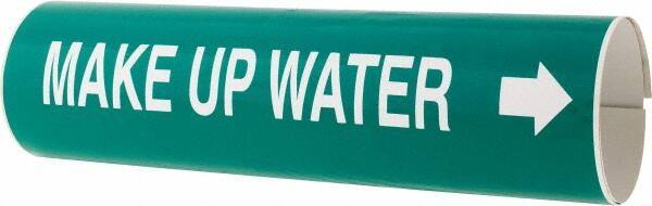 Made in USA - Pipe Marker with Make-Up Water Legend and Arrow Graphic - 4-5/8 to 5-7/8" Pipe Outside Diam, White on Green - All Tool & Supply