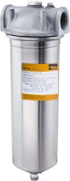 Parker - 1 Inch Pipe, FNPT End Connections, 20 Inch Long Cartridge, 23-1/8 Inch Long, Cartridge Filter Housing with Pressure Relief - 1 Cartridge, 10 Max GPM Flow Rate, 150 psi Max Working Pressure, 316 Grade - All Tool & Supply