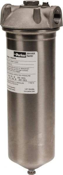 Parker - 3/4 Inch Pipe, FNPT End Connections, 10 Inch Long Cartridge, 12-3/4 Inch Long, Cartridge Filter Housing with Pressure Relief - 1 Cartridge, 5 Max GPM Flow Rate, 150 psi Max Working Pressure, 316 Grade - All Tool & Supply