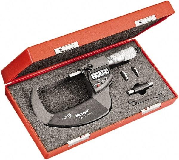 Starrett - 2 to 3" Range, Standard Throat IP67 Electronic Outside Micrometer - Ratchet Stop Thimble, Carbide Face, CR2032 Battery - All Tool & Supply