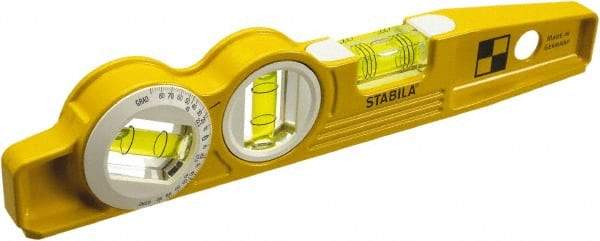 Stabila - Magnetic 10" Long 3 Vial Torpedo Level - Die Cast, Yellow, 1 Plumb, 1 Level & 1 360° Vials - All Tool & Supply