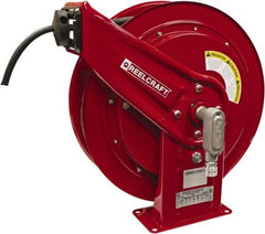 Reelcraft - 12 AWG, 100' Cable Length, Cord & Cable Reel with Flying Lead End - 0 Outlets, 20 Amps, 125 Volts, SEOOW Cable, Red Reel, Spring Driven Reel - All Tool & Supply