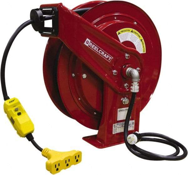 Reelcraft - 12 AWG, 100' Cable Length, Cord & Cable Reel with Triple-Tap with GFCI End - 3 Outlets, NEMA 5-15R, 15 Amps, 125 Volts, SEOOW Cable, Red Reel, Spring Driven Reel - All Tool & Supply