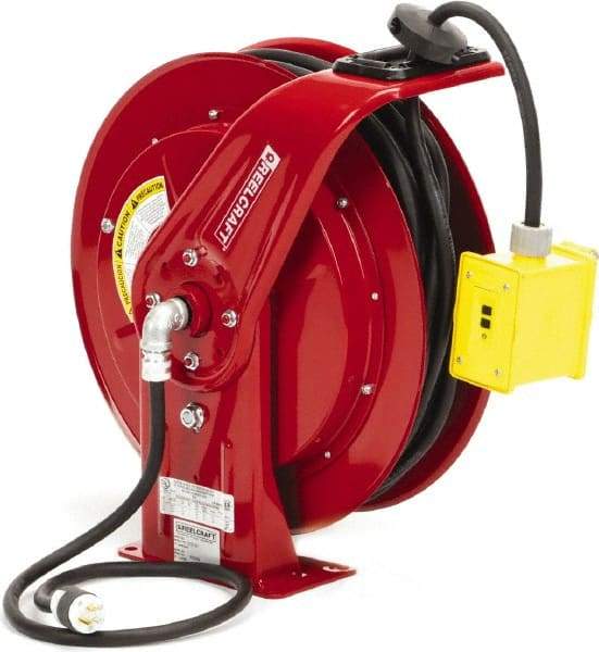 Reelcraft - 12 AWG, 100' Cable Length, Cord & Cable Reel with Duplex GFCI Outlet Box End - 2 Outlets, NEMA 5-20R, 20 Amps, 125 Volts, SEOOW Cable, Red Reel, Spring Driven Reel - All Tool & Supply