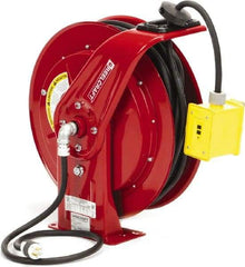 Reelcraft - 12 AWG, 100' Cable Length, Cord & Cable Reel with Duplex GFCI Outlet Box End - 2 Outlets, NEMA 5-15R, 15 Amps, 125 Volts, SEOOW Cable, Red Reel, Spring Driven Reel - All Tool & Supply