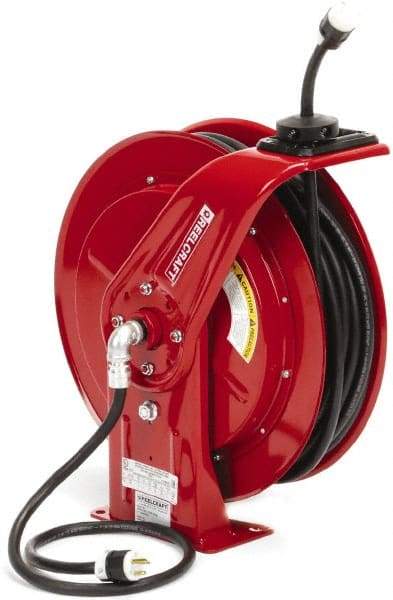 Reelcraft - 12 AWG, 100' Cable Length, Cord & Cable Reel with Outlet End - 1 Outlet, NEMA 5-20R, 20 Amps, 125 Volts, SEOOW Cable, Red Reel, Spring Driven Reel - All Tool & Supply