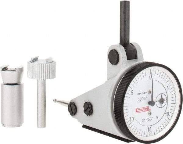 SPI - 0.06" Range, 0.0005" Dial Graduation, Vertical Dial Test Indicator - 1-3/16" White Dial, 0-15-0 Dial Reading, Accurate to 0.0012" - All Tool & Supply