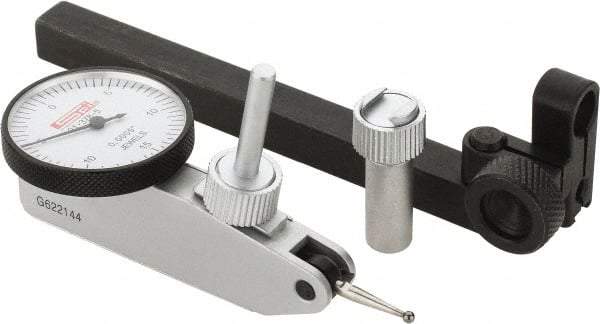 SPI - 8 Piece, 0" to 0.03" Measuring Range, 1-1/4" Dial Diam, 0-15-0 Dial Reading, White Dial Test Indicator Kit - 0.0005" Accuracy, 0.64" Contact Point Length, 0.079" Ball Diam, 0.0005" Dial Graduation - All Tool & Supply