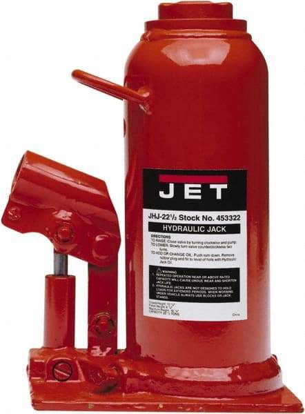 Jet - 22.5 Ton Capacity Hydraulic Bottle Jack - 10.63" to 16-7/8" High, 1-1/2" Screw Length, 7-1/8" Long x 5-1/2" Wide Base - All Tool & Supply