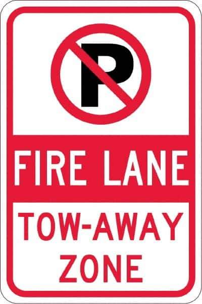 NMC - "Fire Lane Tow-Away Zone", "Strike on P", 12" Wide x 18" High, Aluminum No Parking & Tow Away Signs - 0.08" Thick, Red & Black on White, Engineer Grade Reflectivity, Rectangle, Post Mount - All Tool & Supply