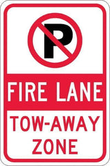 NMC - "Fire Lane Tow-Away Zone", "Strike on P", 12" Wide x 18" High, Aluminum No Parking & Tow Away Signs - 0.08" Thick, Red & Black on White, Engineer Grade Reflectivity, Rectangle, Post Mount - All Tool & Supply