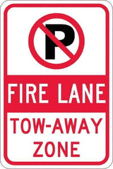 NMC - "Fire Lane Tow-Away Zone", "Strike on P", 12" Wide x 18" High, Aluminum No Parking & Tow Away Signs - 0.08" Thick, Red & Black on White, High Intensity Reflectivity, Rectangle, Post Mount - All Tool & Supply