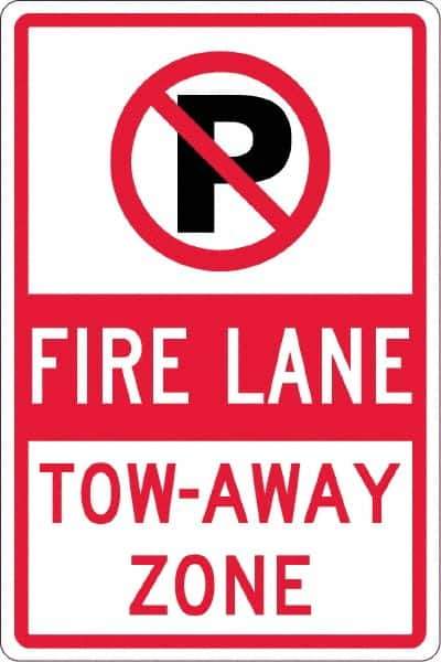 NMC - "Fire Lane Tow-Away Zone", "Strike on P", 12" Wide x 18" High, Aluminum No Parking & Tow Away Signs - 0.063" Thick, Red & Black on White, Rectangle, Post Mount - All Tool & Supply