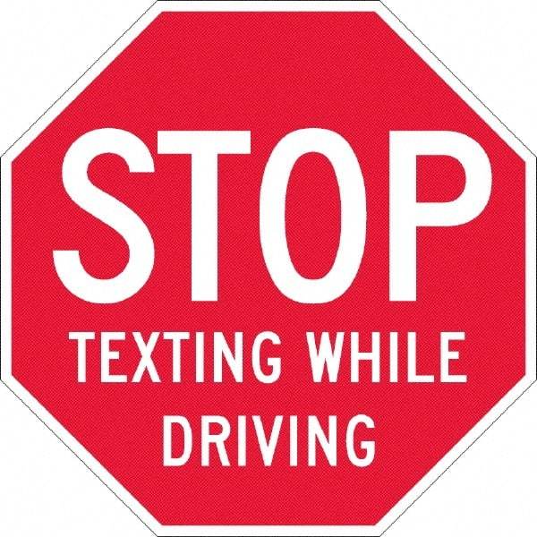 NMC - "Stop Texting While Driving", 12" Wide x 12" High, Plastic Warning & Safety Reminder Signs - 0.05" Thick, White on Red, Octagon, Wall Mount - All Tool & Supply