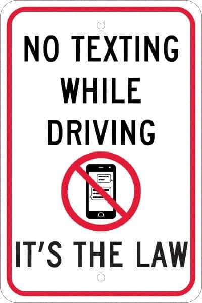 NMC - "No Texting While Driving It's The Law", "Strike on Cell Phone", 12" Wide x 18" High, Aluminum Warning & Safety Reminder Signs - 0.08" Thick, Red & Black on White, Engineer Grade Reflectivity, Rectangle, Post Mount - All Tool & Supply