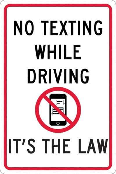 NMC - "No Texting While Driving It's The Law", "Strike on Cell Phone", 12" Wide x 18" High, Aluminum Warning & Safety Reminder Signs - 0.063" Thick, Red & Black on White, Rectangle, Post Mount - All Tool & Supply