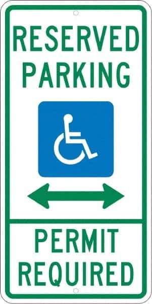 NMC - "Reserved Parking Permit Required", "Handicap Symbol", 12" Wide x 24" High, Aluminum ADA Signs - 0.08" Thick, Green & Blue on White, Engineer Grade Reflectivity, Rectangle, Post Mount - All Tool & Supply