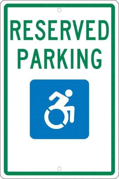 NMC - "Reserved Parking", "Handicap Symbol", 12" Wide x 18" High, Aluminum ADA Signs - 0.063" Thick, Green & Blue on White, Rectangle, Post Mount - All Tool & Supply