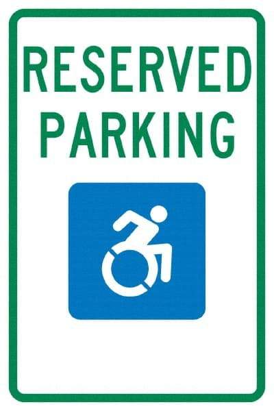 NMC - "Reserved Parking", "Handicap Symbol", 12" Wide x 18" High, Aluminum ADA Signs - 0.04" Thick, Green & Blue on White, Rectangle, Post Mount - All Tool & Supply