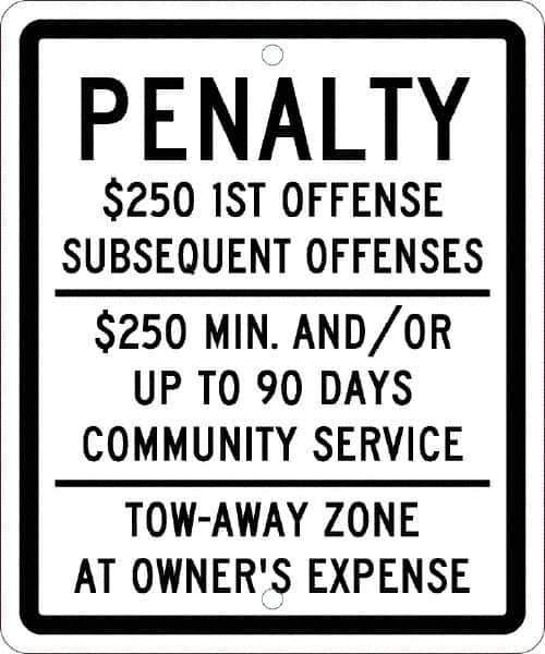 NMC - "Penalty $250 1St Offense Subsequent Offenses $250 Min. And/Or Up To 90 Days Community Service Tow-Away Zone At Owner's Expense", "Handicap Symbol", 10" Wide x 12" High, Aluminum ADA Signs - 0.063" Thick, Green & Blue on White, Rectangle, Post Mount - All Tool & Supply