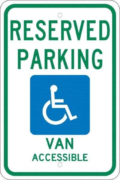 NMC - "Reserved Parking Van Accessible", "Handicap Symbol", 12" Wide x 18" High, Aluminum ADA Signs - 0.08" Thick, Green & Blue on White, Engineer Grade Reflectivity, Rectangle, Post Mount - All Tool & Supply