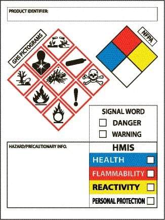 NMC - Hazardous Materials Label, Header: WARNING - Legend: GHS - Graphic, English, White, Red, Blue, Yellow & Black, 3" Long x 4" High, No Coating - All Tool & Supply