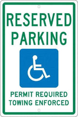 NMC - "Reserved Parking Permit Required Towing Enforced", "Handicap Symbol", 12" Wide x 18" High, Aluminum Reserved Parking Signs - 0.063" Thick, Green & Blue on White, Rectangle, Post Mount - All Tool & Supply