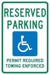 NMC - "Reserved Parking Permit Required Towing Enforced", "Handicap Symbol", 12" Wide x 18" High, Aluminum Reserved Parking Signs - 0.04" Thick, Green & Blue on White, Rectangle, Post Mount - All Tool & Supply