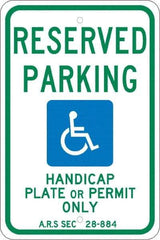 NMC - "Reserved Parking Handicap Plate Or Permit Only A.R.S SEC 28-884", "Handicap Symbol", 12" Wide x 18" High, Aluminum Reserved Parking Signs - 0.08" Thick, Green & Blue on White, Engineer Grade Reflectivity, Rectangle, Post Mount - All Tool & Supply