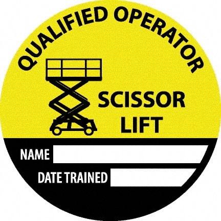 NMC - Safety Trained Scissor Lift - Name ____ Date Trained ____, Hard Hat Label - Round, Yellow, Black, White, 0.004" Thick, Indoor or Outdoor, Adhesive Backed, For Accident Prevention - All Tool & Supply