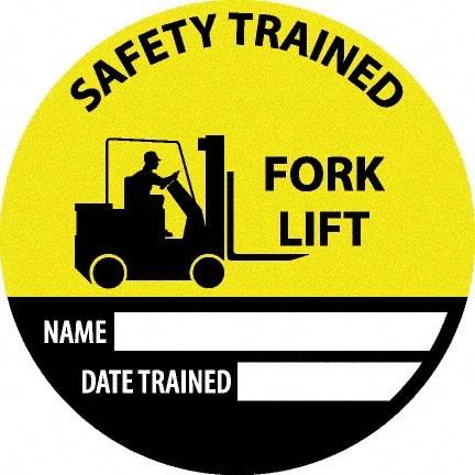 NMC - Safety Trained Fork Lift - Name ____ Date Trained ____, Hard Hat Label - Round, Yellow, Black, White, 0.004" Thick, Indoor or Outdoor, Adhesive Backed, For Accident Prevention - All Tool & Supply