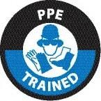 NMC - PPE Trained, Hard Hat Label - Round, Black & Blue on White, 0.004" Thick, Indoor or Outdoor, Adhesive Backed, For Accident Prevention - All Tool & Supply