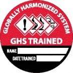 NMC - Globally Harmonized System GHS Trained - Name ____ Date Trained ____, Hard Hat Label - Round, Black & White on Red, 0.004" Thick, Indoor or Outdoor, Adhesive Backed, For Accident Prevention - All Tool & Supply