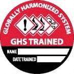 NMC - Globally Harmonized System GHS Trained - Name ____ Date Trained ____, Hard Hat Label - Diamond, Black & White on Red, 0.004" Thick, Indoor or Outdoor, Adhesive Backed, For Accident Prevention - All Tool & Supply