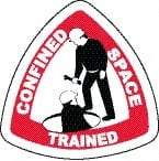 NMC - Confined Space Trained, Hard Hat Label - Triangle, Black & Red on White, 0.004" Thick, Indoor or Outdoor, Adhesive Backed, For Accident Prevention - All Tool & Supply