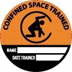 NMC - Confined Space Trained - Name ____ Date Trained ____, Hard Hat Label - Round, Black & Orange on White, 0.004" Thick, Indoor or Outdoor, Adhesive Backed, For Accident Prevention - All Tool & Supply