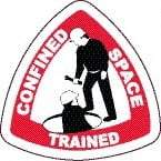 NMC - Confined Space Trained, Hard Hat Label - Triangle, Black & Red on White, 0.004" Thick, Indoor or Outdoor, Adhesive Backed, For Accident Prevention - All Tool & Supply