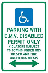 NMC - "Parking With D.M.V. Disabled Permit Only", "Double Arrow, Handicapped Symbol", 12" Wide x 18" High, Aluminum ADA Signs - 0.04" Thick, Green & Blue on White, Rectangle, Post Mount - All Tool & Supply