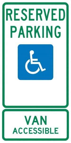 NMC - "Reserved Parking Van Accessible", "Handicap Symbol", 12" Wide x 24" High, Aluminum ADA Signs - 0.04" Thick, Green & Blue on White, Rectangle, Post Mount - All Tool & Supply